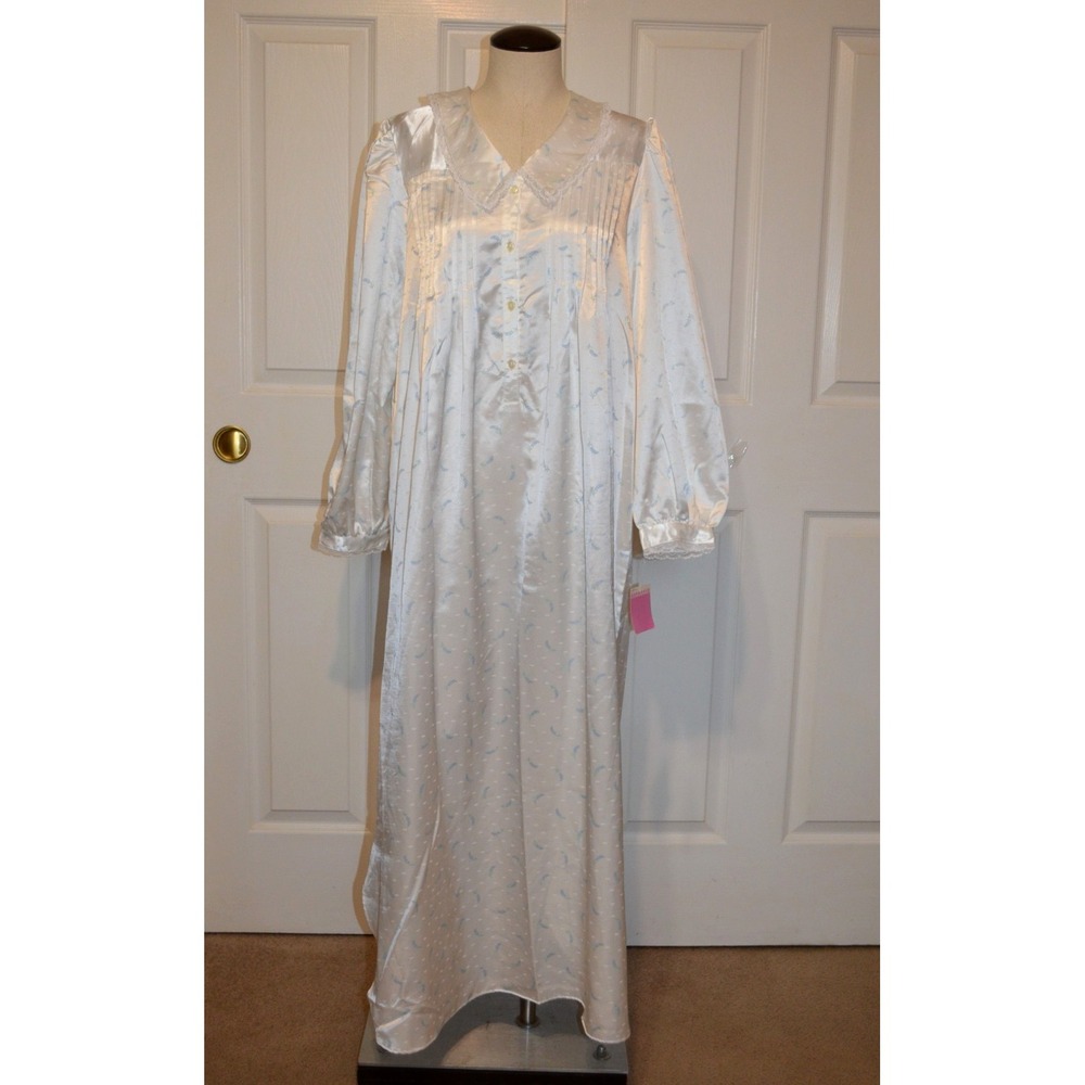Jean Alison Nwt's Satin Long Gown Nightgown Blue Floral Pin Tuck Women's M